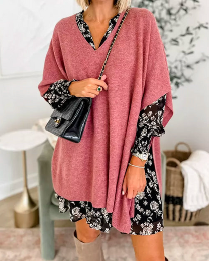 Women's Solid V-Neck Relaxed Poncho – Rafaela – Burnt Pink