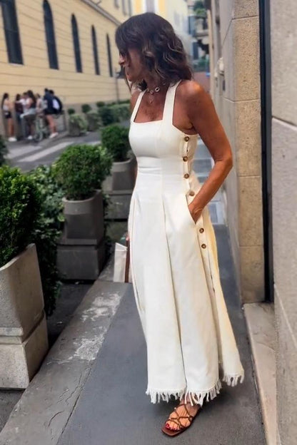 Women's White Boho Maxi Dress with Fringe and Pockets – Margaux – view 3