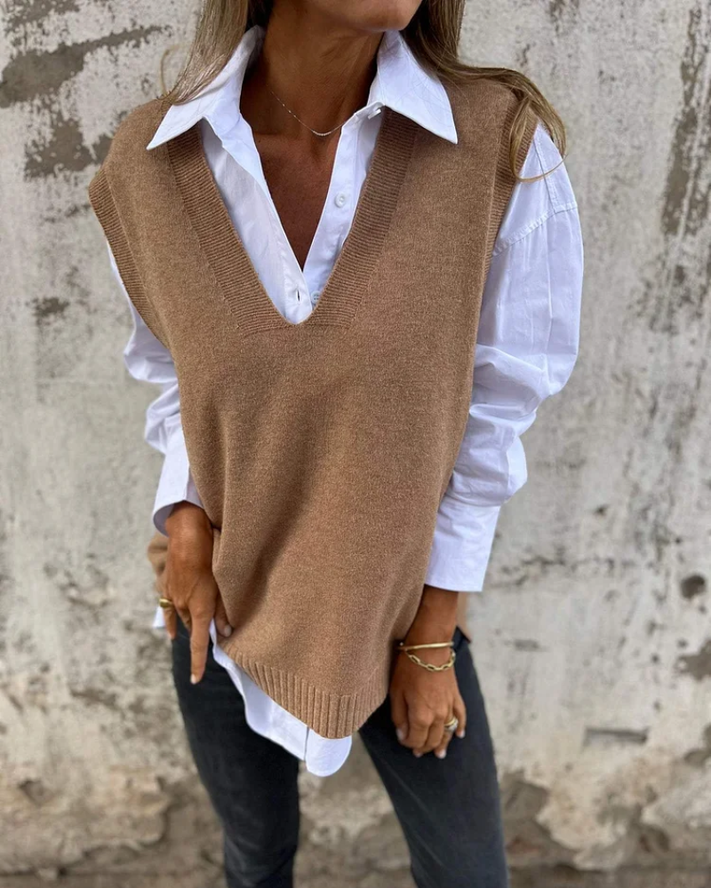 Women's Oversized Knit V-Neck Vest – Cleo – Brown