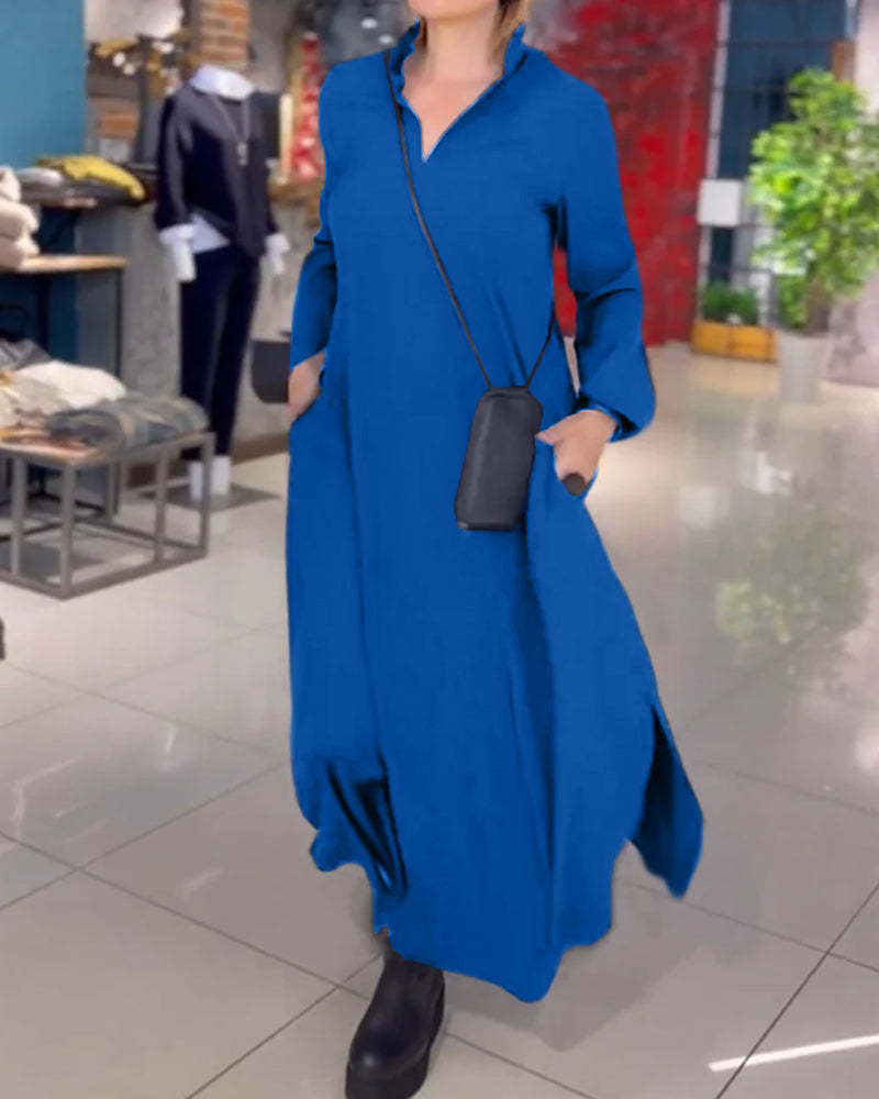 Long Relaxed Dress with Lapel and Side Slit – Ilaria – Blue