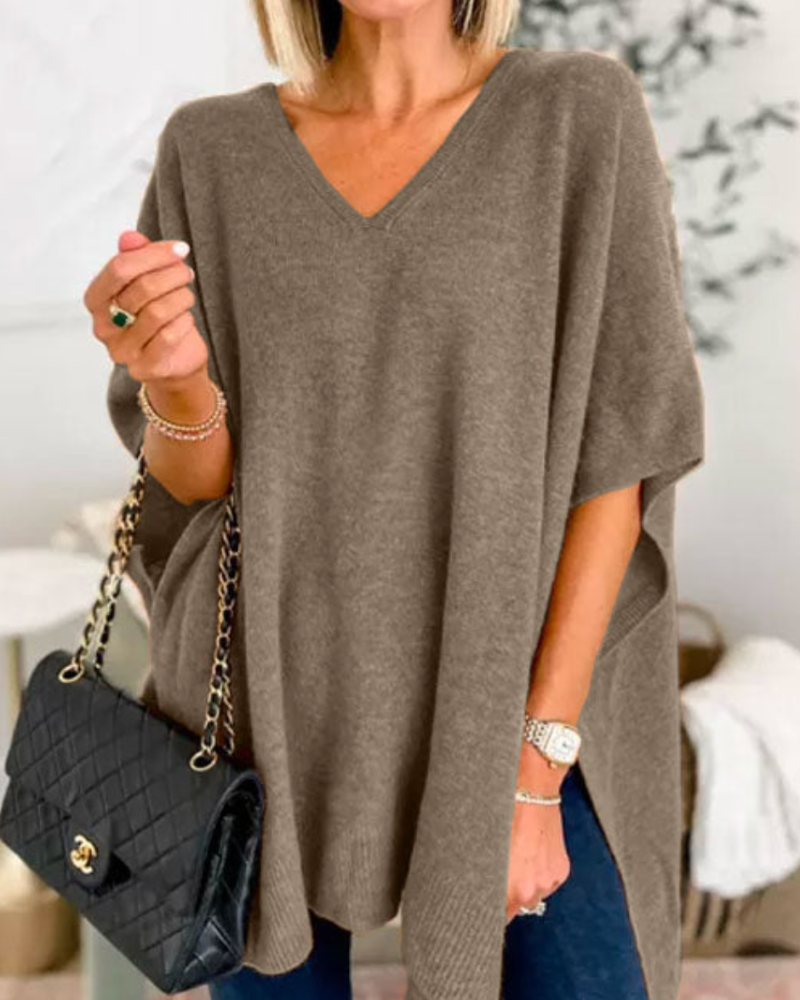 Women's Solid V-Neck Relaxed Poncho – Rafaela – Coffee