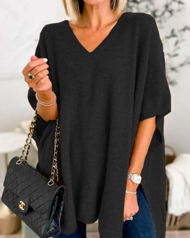 Women's Solid V-Neck Relaxed Poncho – Rafaela – Black