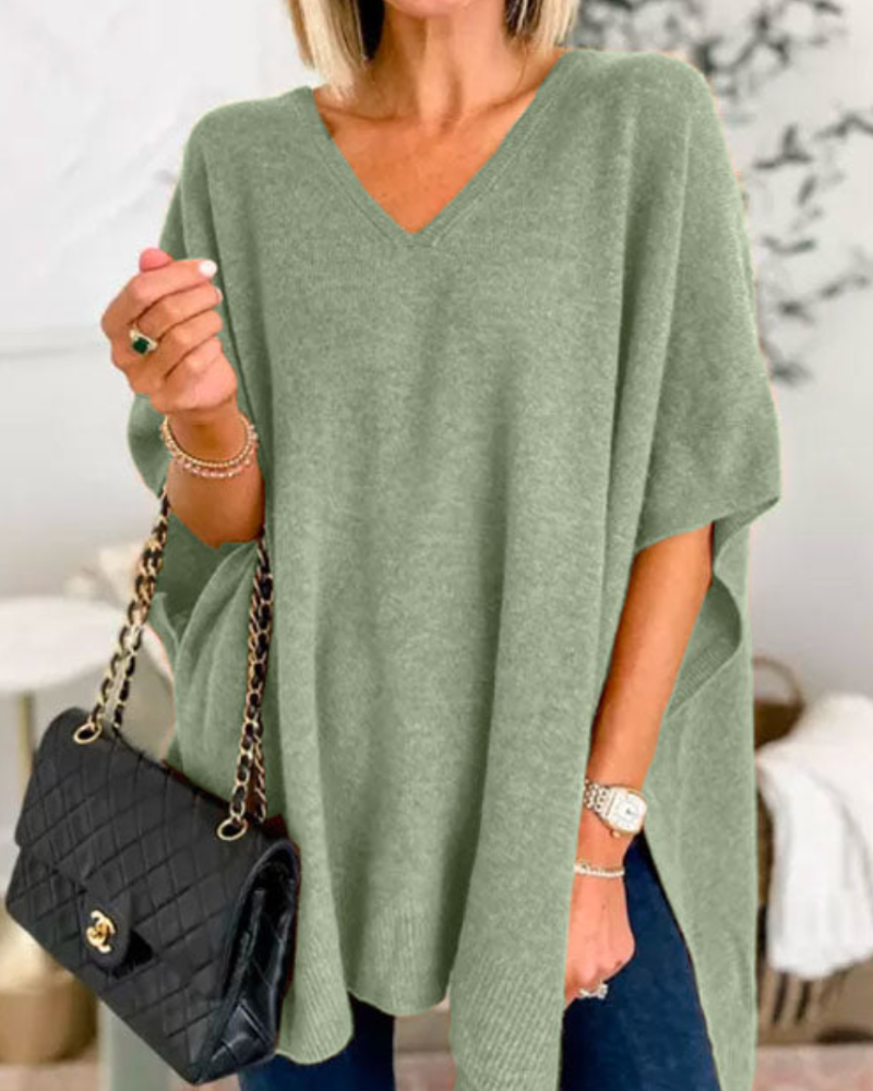 Women's Solid V-Neck Relaxed Poncho – Rafaela – Sage