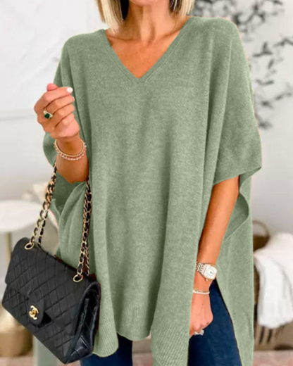 Women's Solid V-Neck Relaxed Poncho – Rafaela – Sage