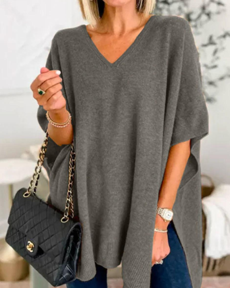Women's Solid V-Neck Relaxed Poncho – Rafaela – Dark Gray