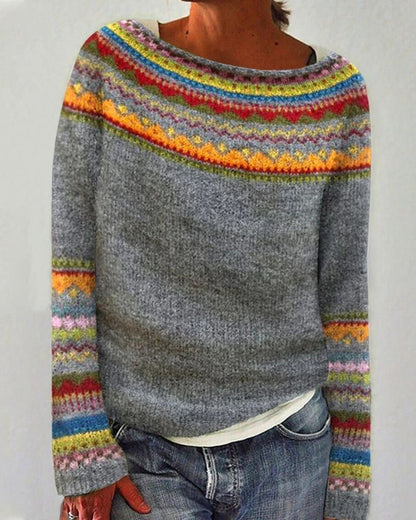 Women's Boho-Style Knit Sweater – Fabiola – Gray / Rainbow