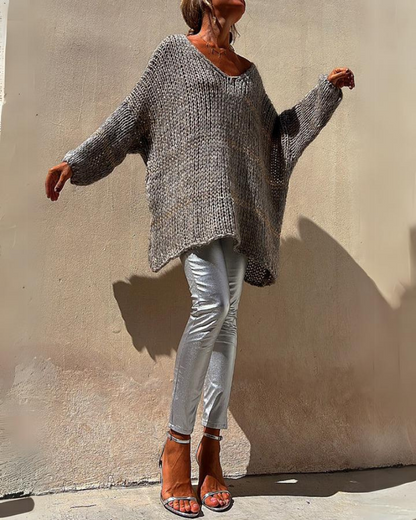 Women's Oversized Open-Knit V-Neck Sweater – Wendy – Gray