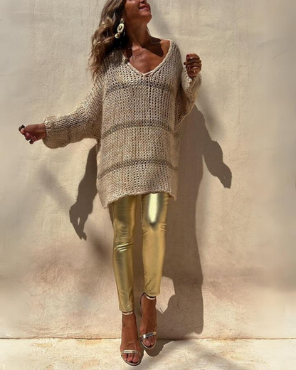 Women's Oversized Open-Knit V-Neck Sweater – Wendy – view 4