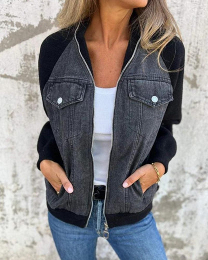 Women's Denim Jacket with Knit Sleeves – Anita – Black
