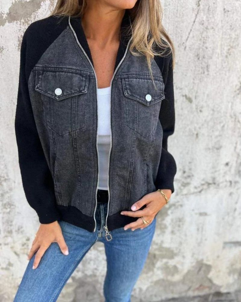 Women's Denim Jacket with Knit Sleeves – Anita