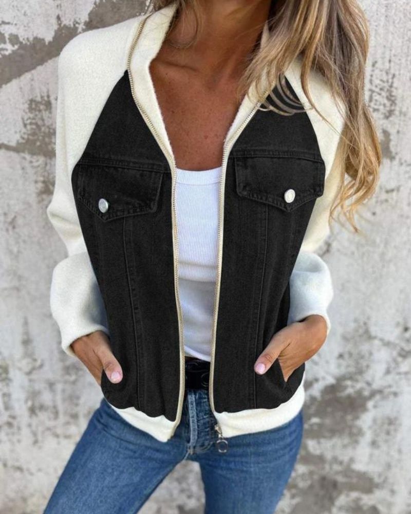 Women's Denim Jacket with Knit Sleeves – Anita – Black / White