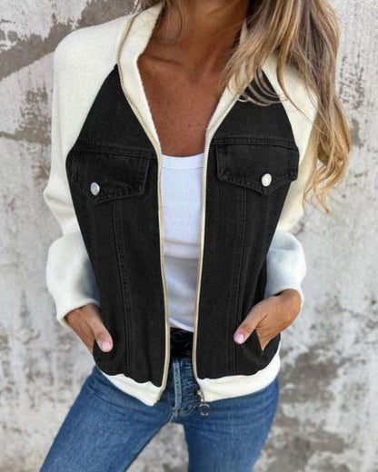 Women's Denim Jacket with Knit Sleeves – Anita – Black / White