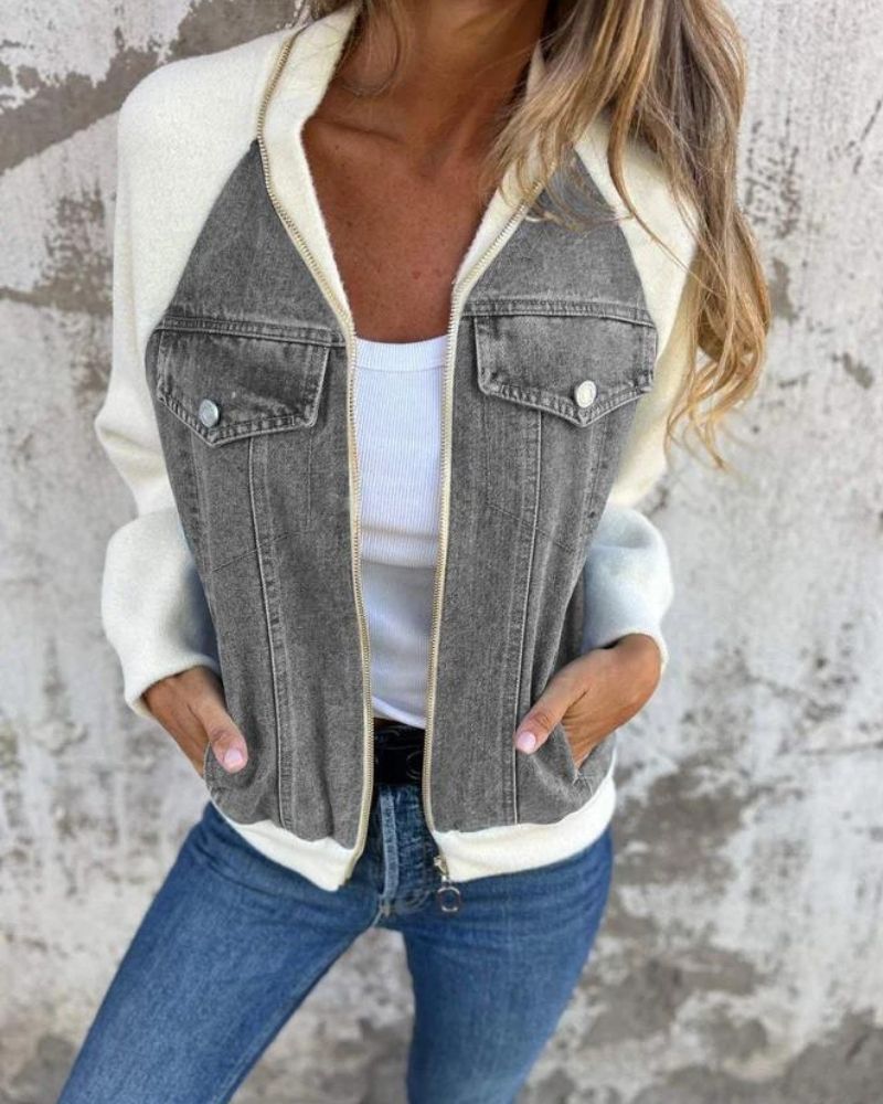 Women's Denim Jacket with Knit Sleeves – Anita – Gray