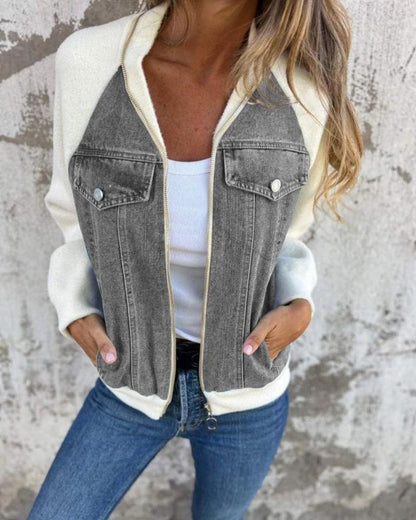 Women's Denim Jacket with Knit Sleeves – Anita – Gray