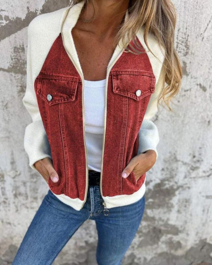 Women's Denim Jacket with Knit Sleeves – Anita – Red