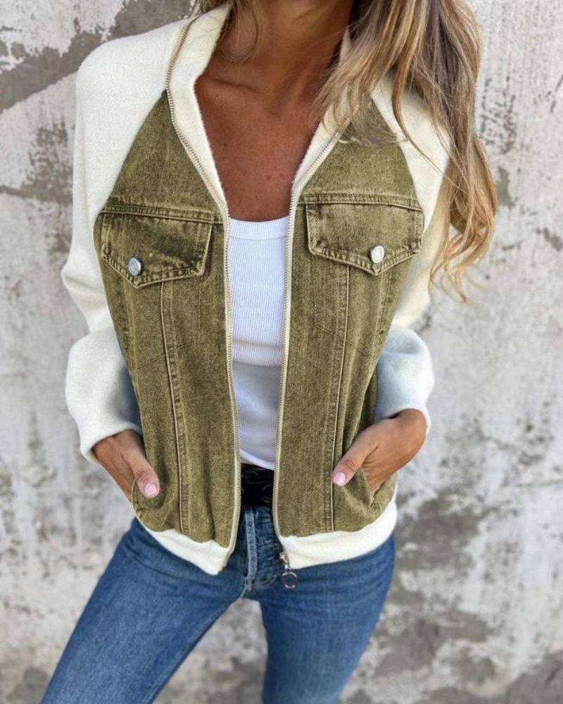 Women's Denim Jacket with Knit Sleeves – Anita – Olive Green