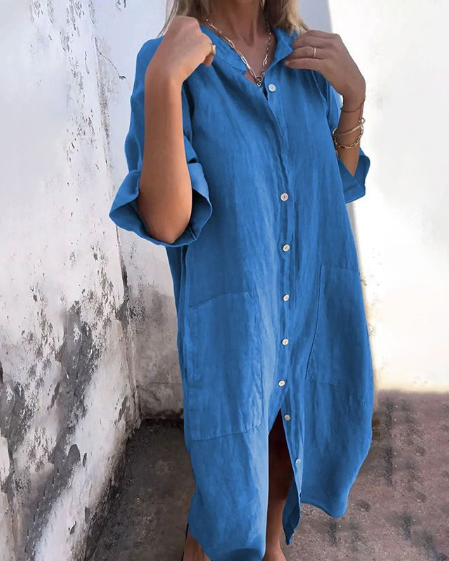 Women's Loose Button-Front Dress – Morgan – Blue