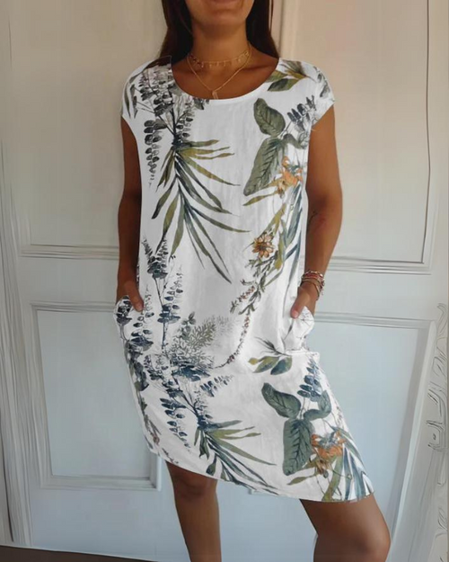 Printed Cotton Crewneck Dress – Jacinta – White