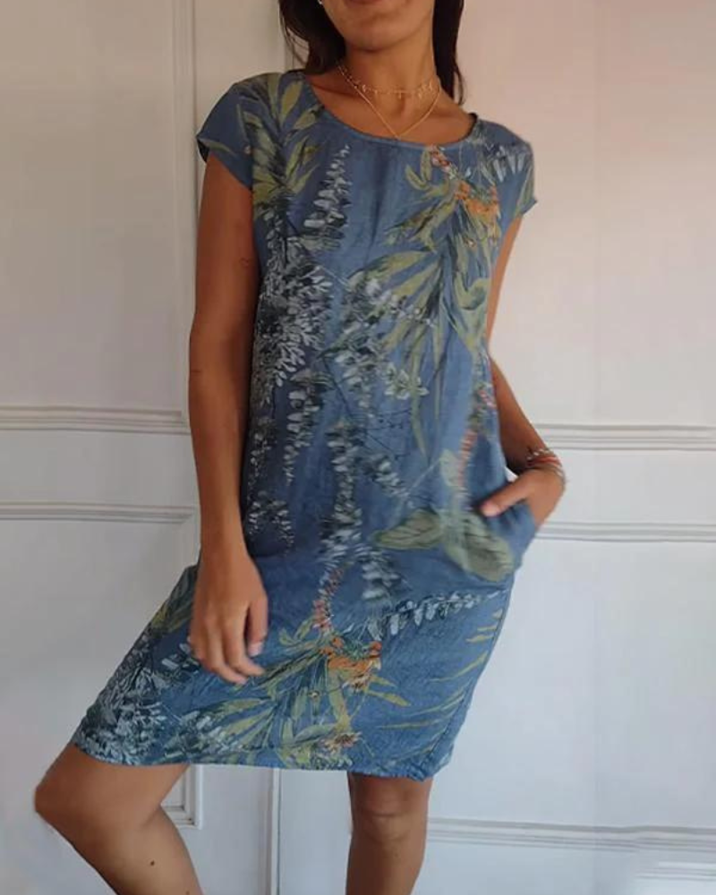 Printed Cotton Crewneck Dress – Jacinta – Blue