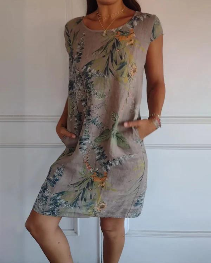 Printed Cotton Crewneck Dress – Jacinta – Brown