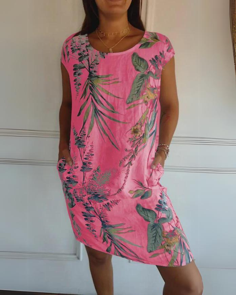 Printed Cotton Crewneck Dress – Jacinta – Pink