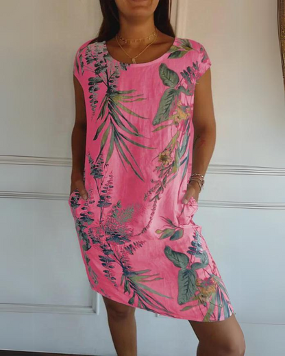 Printed Cotton Crewneck Dress – Jacinta – Pink
