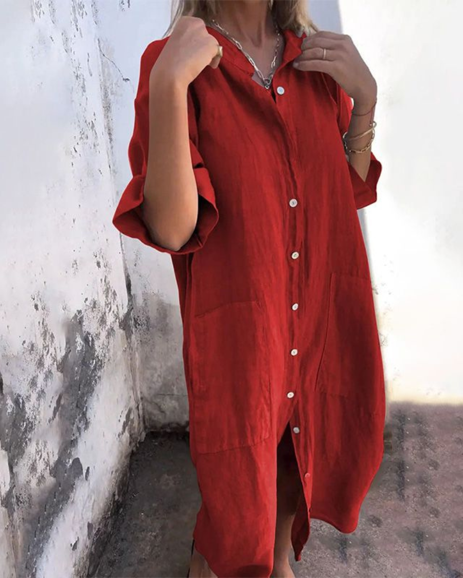 Women's Loose Button-Front Dress – Morgan – Red