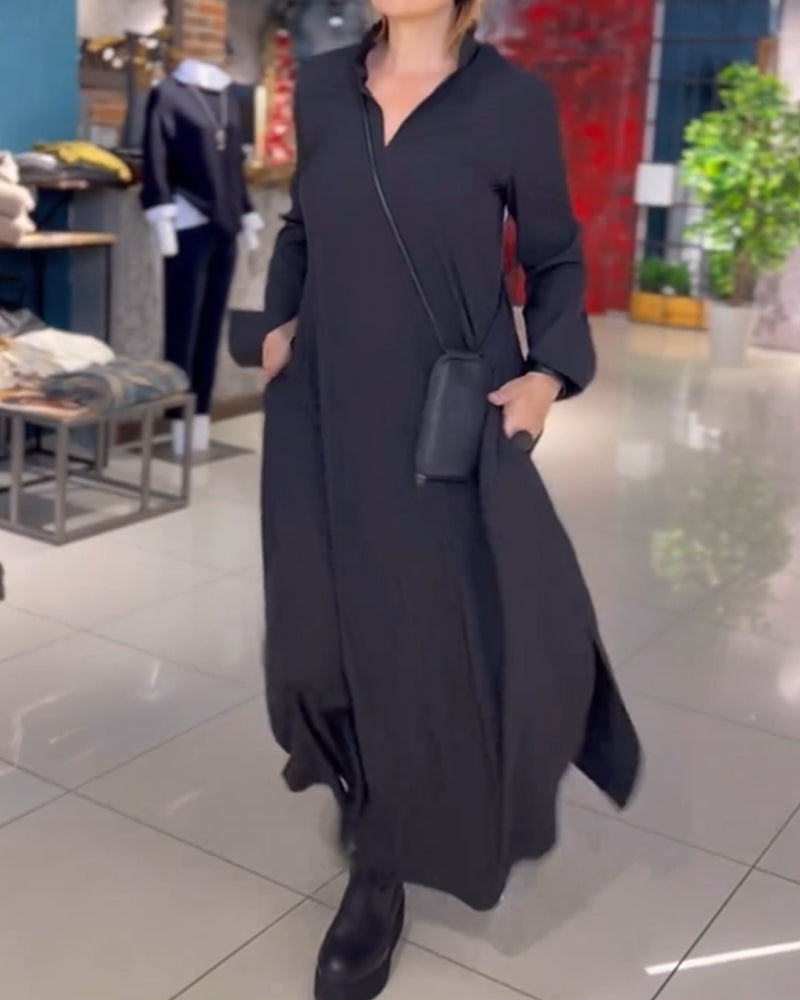 Long Relaxed Dress with Lapel and Side Slit – Ilaria – Black