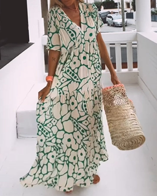 Long Printed V-Neck Dress – Genevieve – Green