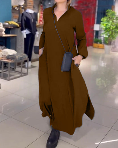 Long Relaxed Dress with Lapel and Side Slit – Ilaria – Brown