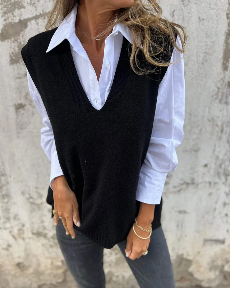 Women's Oversized Knit V-Neck Vest – Cleo – Black