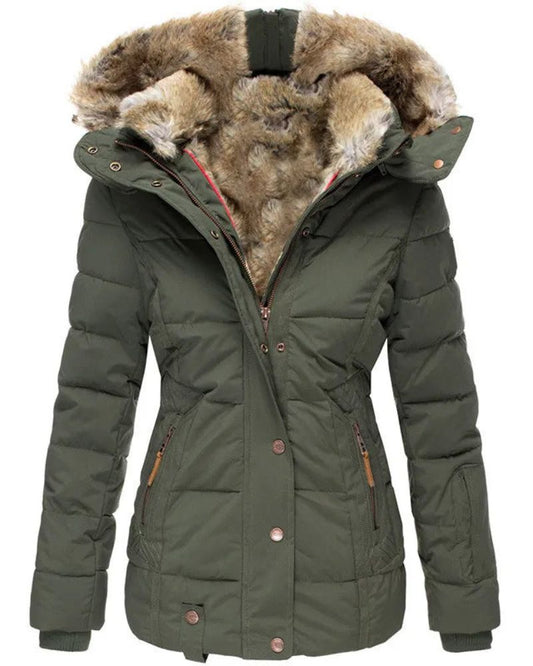 Women's Puffer Jacket with Fur-Lined Hood – Liena – Green