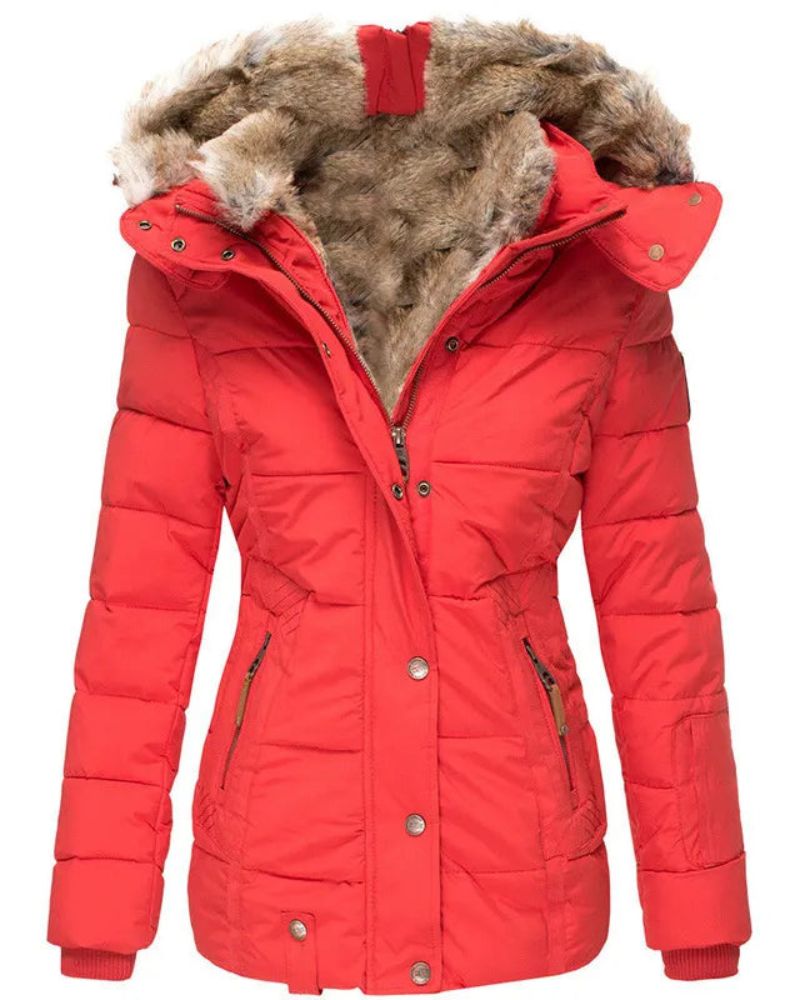 Women's Puffer Jacket with Fur-Lined Hood – Liena – Red