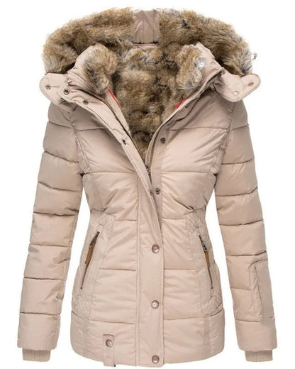 Women's Puffer Jacket with Fur-Lined Hood – Liena – Beige