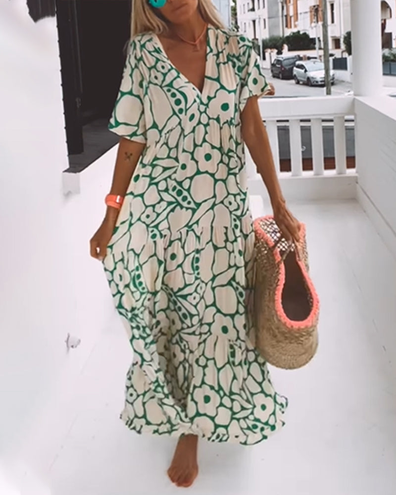 Long Printed V-Neck Dress – Genevieve