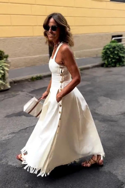 Women's White Boho Maxi Dress with Fringe and Pockets – Margaux – view 5