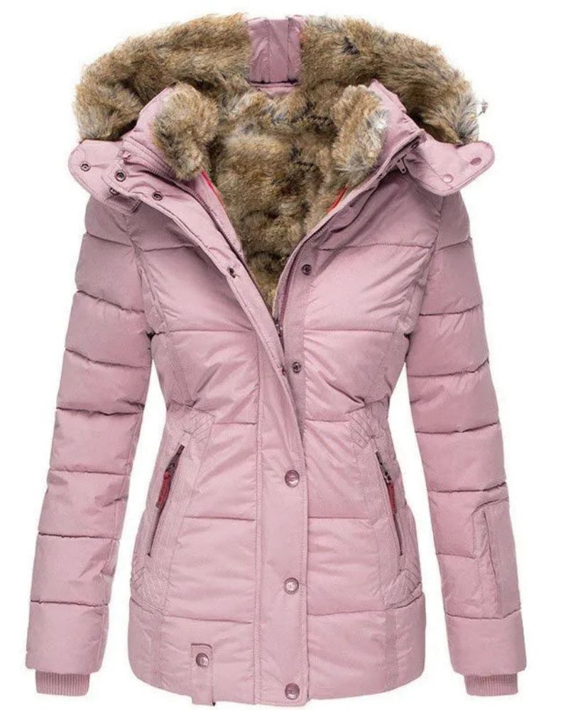 Women's Puffer Jacket with Fur-Lined Hood – Liena – Pink