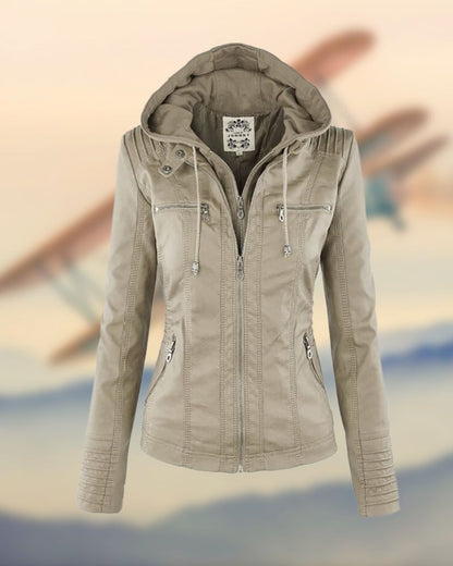 Women's Hooded Biker Jacket – Raquel – Beige