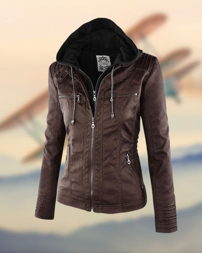 Women's Hooded Biker Jacket – Raquel – Dark Brown
