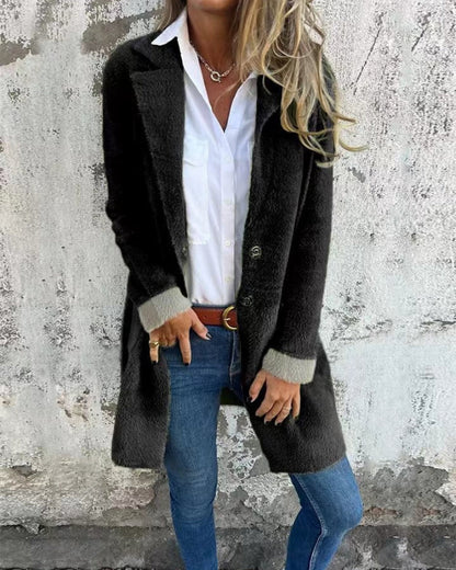 Women's Bouclé Wool Coat with Lapel and Buttons – Talita – Black