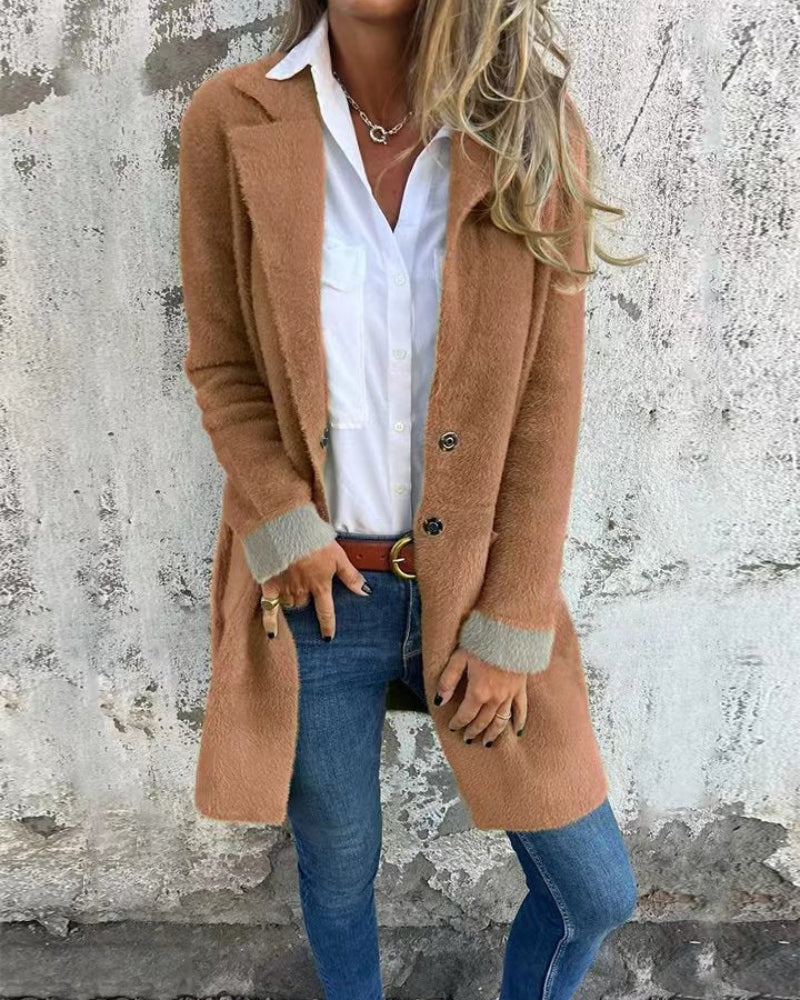 Women's Bouclé Wool Coat with Lapel and Buttons – Talita – Brown