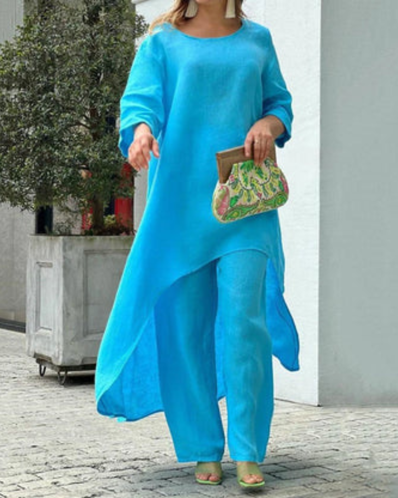 Women's Linen Longline Top and Relaxed Pants Set – Geovana – Blue