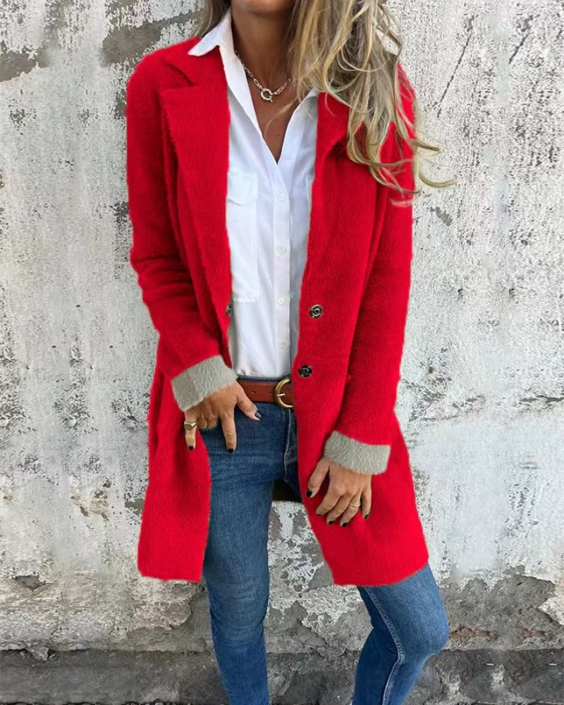 Women's Bouclé Wool Coat with Lapel and Buttons – Talita – Red
