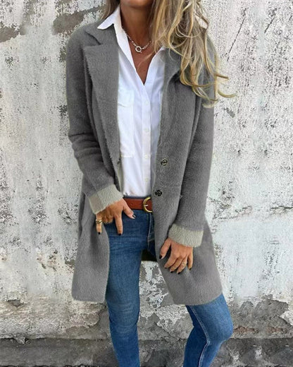 Women's Bouclé Wool Coat with Lapel and Buttons – Talita – Gray