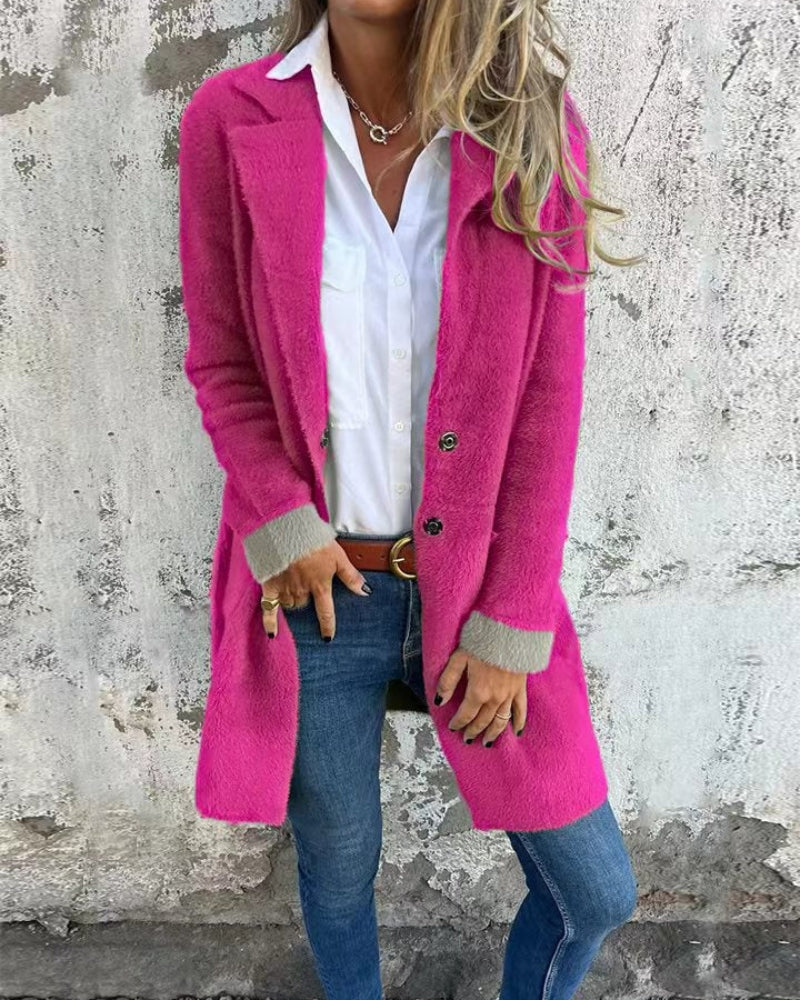 Women's Bouclé Wool Coat with Lapel and Buttons – Talita – Pink