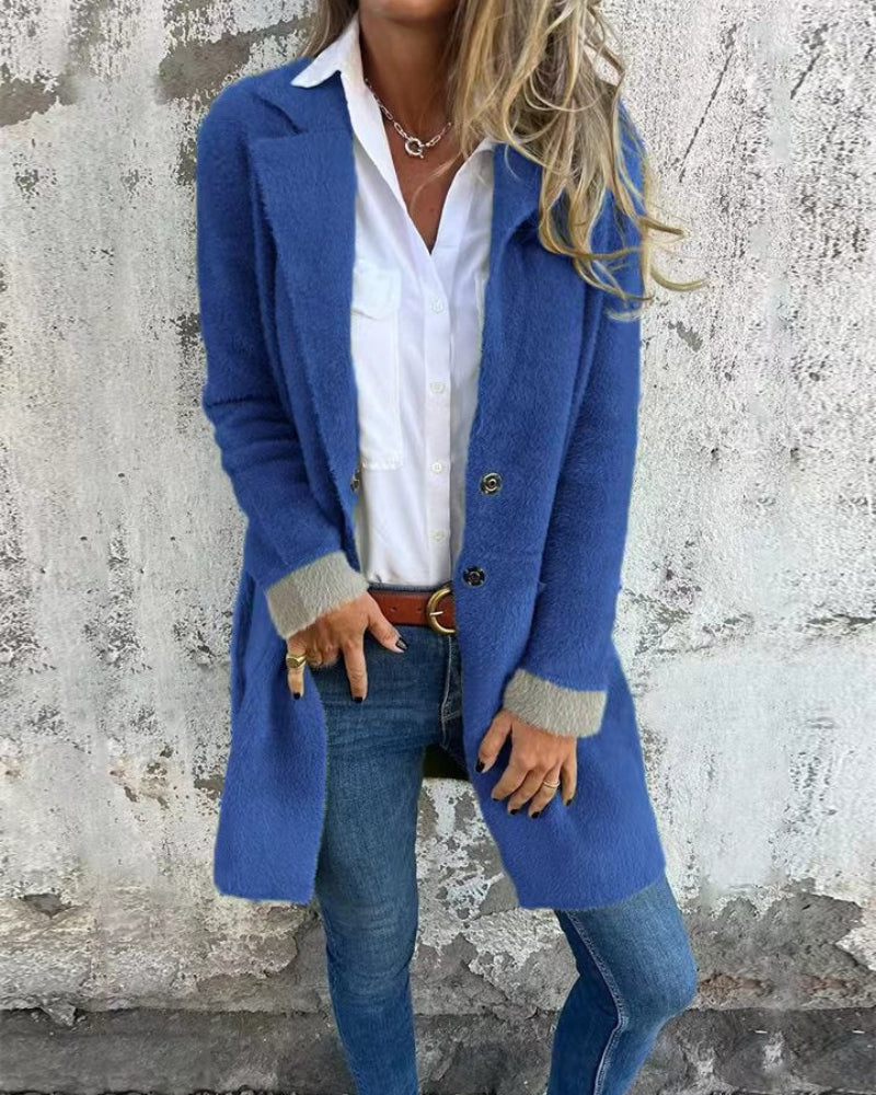 Women's Bouclé Wool Coat with Lapel and Buttons – Talita – Blue