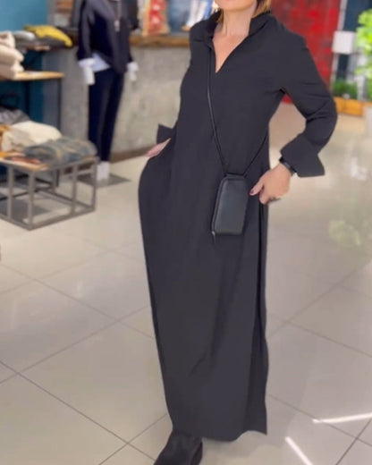 Long Relaxed Dress with Lapel and Side Slit – Ilaria