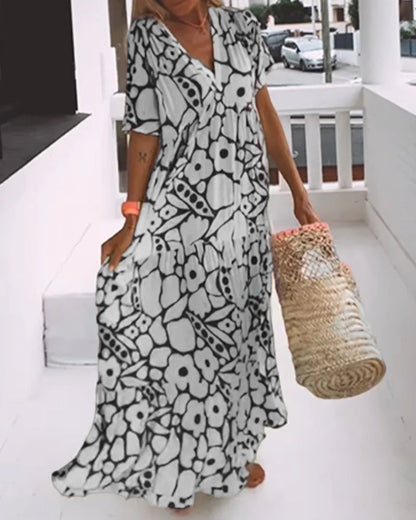 Long Printed V-Neck Dress – Genevieve – Black