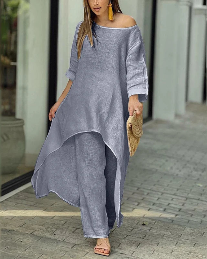 Women's Linen Longline Top and Relaxed Pants Set – Geovana – Gray