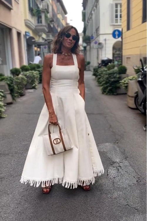 Women's White Boho Maxi Dress with Fringe and Pockets – Margaux